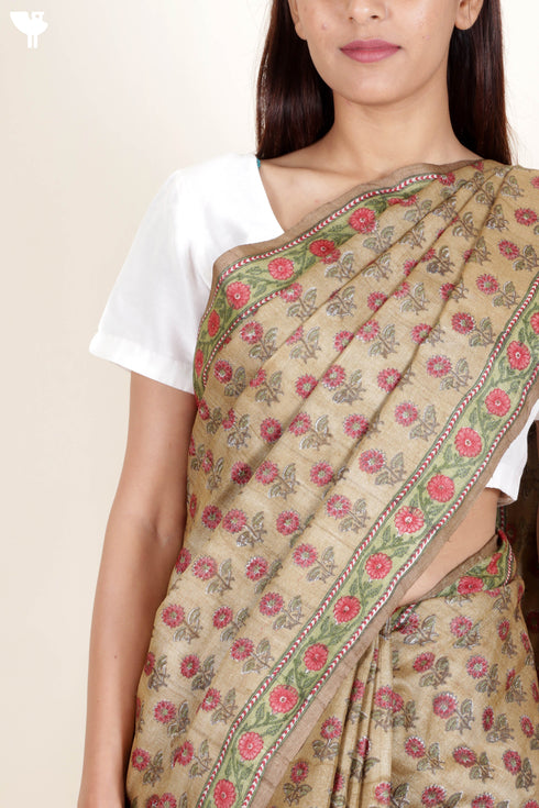Tussar Silk Saree In Floral Block Print